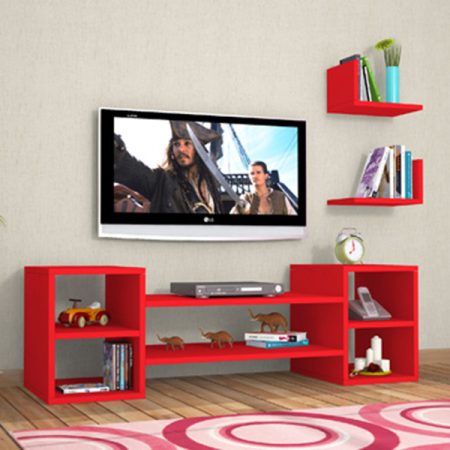 tv komoda crveno sa zidnim policama 1a