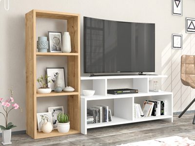 tv komoda i polica belo - hrast safir