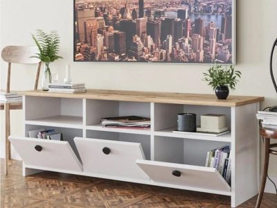 Tv komoda sa troje vrata belo - hrast - Slika 3