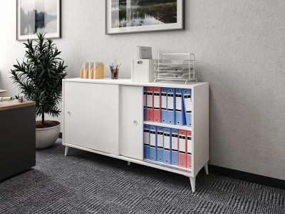 Kancelarijska komoda klizna vrata belo mat mdf - Slika 2