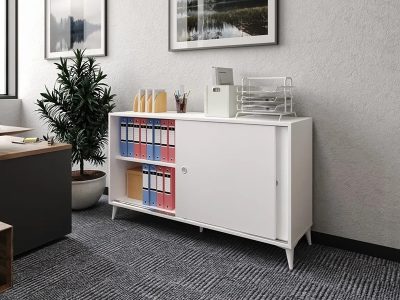 Kancelarijska komoda klizna vrata belo mat mdf - Slika 3