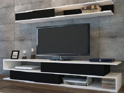 tv komoda belo crno sa zidnim elementom 2b