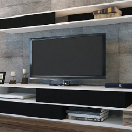 tv komoda belo crno sa zidnim elementom 2b