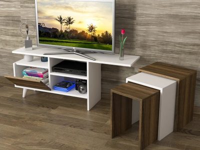 Tv komoda sa set stočićima belo - orah - Slika 2
